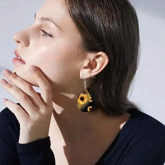 SUNFLOWER LEOPARD PRINT FAUX LEATHER TEARDROP EARRINGS - Picture 4 of 6